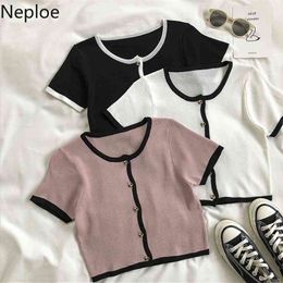 Neploe Korean Knit Cardigan TShirts Short Sleeve Cropped Tops Woman Tees Fashion Summer Femme Patchwork T 210623