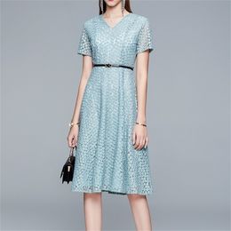 Summer Women Dress V Neck Short Sleeve Lace Floral Elegant Beading Flower Decorated Front Office Lady 210603