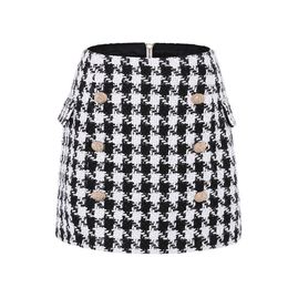 UKCNSEP New Fashion Runway 2021 Skirt Women's Fringed Lion Buttons Houndstooth Tweed Mini Skirt 210309