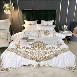 White Luxury European Royal Gold Embroidery 60S Satin Silk Cotton Bedding Set Duvet Cover Bed Linen Fitted Sheet Pillowcases 210721