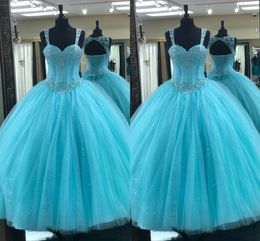 Turquoise Prom Sweet 16 Dresses Ball Gown For Women 2021 Beaded Straps Sweetheart Crystal Sequins Tulle Keyhole Back Vestido De Quinceanera