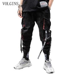 Streetwear Hip Hop Cargo Pants Pockets Men Casual Harajuku Harem Pants Pockets Ribbons Joggers Pants Black HipHop Sweatpants Y0927