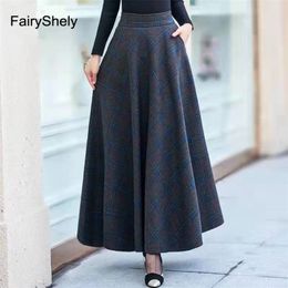 FairyShely Autumn Winter High Waist Umbrella Maxi Skirt Women Casual Pocket Woollen Grid Skirt female Flare Plaid Long skirt 210310