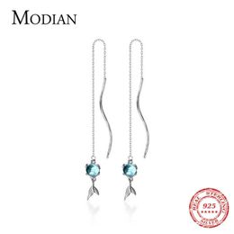 Blue Crystal Mermaid Fishtail Dangle Earring for Women 925 Sterling Silver Line Long ChainTassel Fine Jewellery 210707