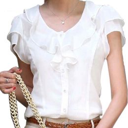 Women's Blouses & Shirts Spring Summer Women Clothing Girl Casual Bow Tie Short Sleeve Chiffon Blouse Shirt Office Lady Ruffles Formal Tops