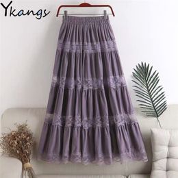 Sweet kawaii Chiffon Lace Stitching A-line pleated skirt Women's High Waist Midi Skirts Black Purple Elegant Party Long Skirt 210310