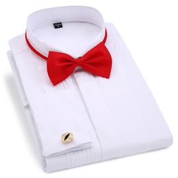 Men Wedding Tuxedo Long Sleeve Dress Shirts French Cufflinks Swallowtail Fold Dark Button Design Gentleman Shirt White Red Black 210626