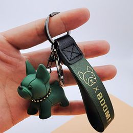 Cartoon Fighting Dog Keychain for Women Man Pendant Car Leather Key Ring Christmas Gift