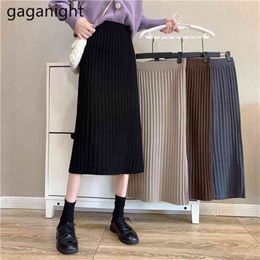 Women High Waist Maxi Skirt Chic Knited Pencil Hip Skirts Autumn Winter Solid Split A-line Slim Faldas 210601