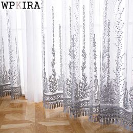 Luxury Lace Grey Embroidery Voile Curtain for Living Room Sheer Mesh Fabric Tulle Curtain for Bedroom Window Drape S560#C 210712