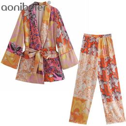 Aonibeier Za Summer Women Casual Suits Traf Outfits Printed Patchwork Belted Kimono Shirt + Ankle Length Pants 2 Piece Sets 210930