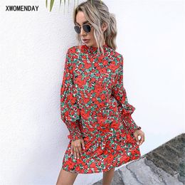 Dress Autumn Spring Long Sleeve Casual Red Floral Print Ruffle Loose Fitted Dresses For Women Trendy Fall 2021 Women Clothing 210316