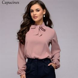 Capucines Elegant Bow Tie Women Shirt Spring Autumn Ladies Solid Long Sleeve Chiffon Shirts Casual Blouses Vintage Tops Blusas 210225