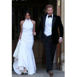 Prince And Meghan Markle's Wedding Dresses 2019 Halter Sheath Style White Satin Sweep Train Bridal Gown Custom Made For Church Castle 328 328