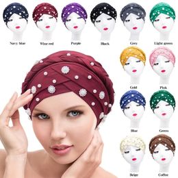 Stain Bonnet New Decorated Pearls Tam-O-Shanter Muslim Milk Silk Woven Hat Beauty Hair Care Pile Cap Wholesale