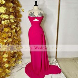 Fushia Prom Dress Mermaid 2021 Scoop Beads Sequins Formal African Evening Party Gowns Sweep Train Plus Size Robe de Soiree