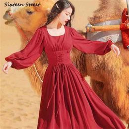 Boho Evening Dresses for Woman Red Square Collar Slim Waist Bodycon Long-sleeve Autumn Vintage Long Party 210603