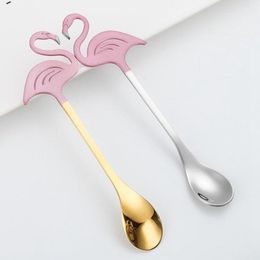 304 Stainless Steel Tea Scoops Coffee Spoon Long Handle Flamingo Spoons Flatware Titanium Coating Drinking Tools Kitchen Gadget With Retail Package DHL/FedEx