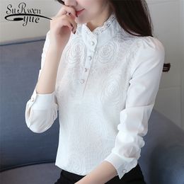 Fashion Plus Size Women Blouses Stand Neck White Office Blouse Women Lace Chiffon Blouse Shirt Long Sleeve Women Shirts 210226