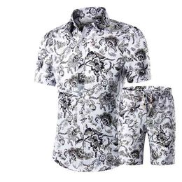 Summer Hawaiian Tracksuit Men Casual Fashion Floral Print Shirts+Shorts Set Men's 2 Pieces Set Beach Suits Male Cool Clothing 210722