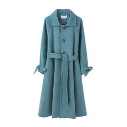 PERHAPS U Women Vintage Blue Pink Blend Coat Long Sleeve Pocket Sash Belt Turn Down Collar Button Winter C0506 210529