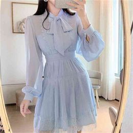 Autumn Lantern Sleeves Mesh Lace Chiffon Dress Women Patchwork Bow Lace-Up Hollow Out Stand Collar Mini 210603