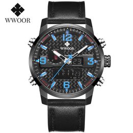 WWOOR Dual Display Mens Watches 24 Hour LED Analogue Digital Clock Male Leather Sport Waterproof Watch Men Clearance Sale Dropship 210527