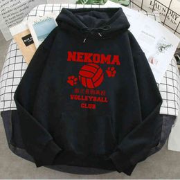 Haikyuu Volleyball Club Red Print Hoodies Man Fleece Warm Sweatshirts Autumn Long Sleeve Hooded Pullover Pockets Harajuku Top H1227