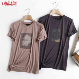 Tangada Summer Women Print Vintage Cotton T Shirt High Quality Tees Ladies Casual Tee Street Wear Top 6D36 210623