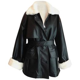 Nerazzurri Winter Oversized Leather Jacket Women with Faux Rex Rabbit Fur Inside Warm Soft Thickened Fur Lined Coat Long Sleeve 210909
