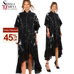 Unique Streetwear Style Woman Summer Plus Size Black Casual Shirt Dress Half Sleeve Ruffles Printed Ladies Dress Loose Robe 3751 210224