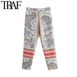 TRAF Women Fashion Side Pockets Paisley Print Pants Vintage High Elastic Waist Zipper Fly Female Ankle Trousers Mujer 210915