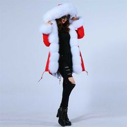 Parka invernale vero collo di pelliccia con cappuccio spesso caldo artificiale pelliccia di coniglio rex fodera moda cappotto di pelliccia di lusso giacca 211018