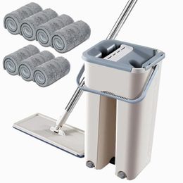 With Bucket and Pad Set Wringing Microfiber Hand-Free Squeeze s Home Cleaning Bathroom Kitchen Floor Wet And Dry Mop Kit