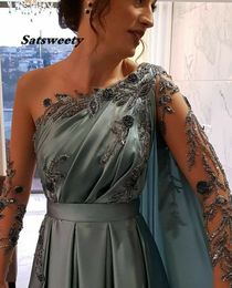 Dubai One Shoulder Beading Evening Dresses Full Length 2021 A-Line Satin Long Sleeves Formal Party Wear Gown Prom Dress