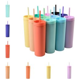 Home 16oz Skinny Tumbler Double Wall Matte Acrylic Tumblers with Lids and Straws Plastic Water Cup Coffee Mug SEA Shipping ZC069