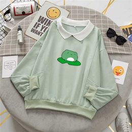 Kawaii Frog Sweatshirt Oversized Harajuku Pullover Hoodie with Pocket Cotton Women Kpop Fashion Clothes Aesthetic Sweet Hoodies 211023