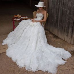 Gorgeous Beaded Wedding Dresses Strapless Neck Tiered Bridal Gowns Bohemian Ruffled A Line Sweep Train Tulle Plus Size Beach Vestido De Novia