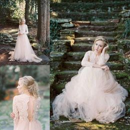 2021 Blush Pink Wedding Dresses Long Sleeves Lace Tulle Sexy Hollow Back Scalloped V Neck Sweep Train Country Wedding Gown vestido de novia