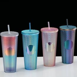 Mugs Double-Layer Durian Cup Tumblers Diamond Radiant Goddess Straw Coffee Summer Cold Tumbler Studded 710ml/24oz YFAX3111