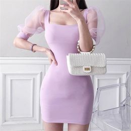 Sexy Bodycon Dress Women Square neck Mesh Puff Short Sleeve Fashion Mini es Package Hip 210603