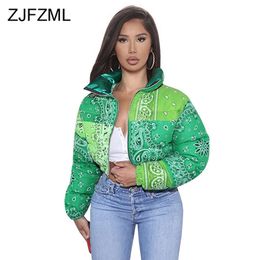 Bandana Plasily National Print Bubble Jacket for Women Winter Fashion Clothes Color Match Warm Parkas Zipper Up Puffer Outerwear 210923