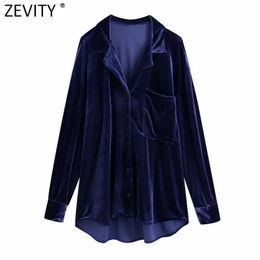 Zevity Women Fashion Turn Down Collar Velvet Smock Blouse Ladies Pockets Leisure Loose Kimono Shirts Chic Blusas Tops LS7420 210603
