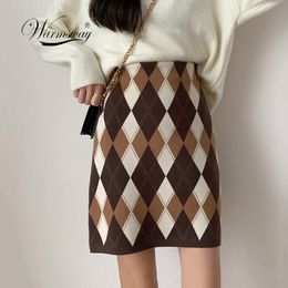 Vintage Rhombus Plaid Knitting Mini Dress 2021 Fashion WOmen High Waist HIp Pack One Step Short Sweater Skirt B-010 210303