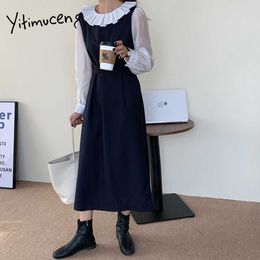 Yitimuceng Fake 2 Pieces Dresses Women Lace Up Korean Fashion Vintage Midi Dress Peter Pan Collar Khaki Dark Blue Spring 210601