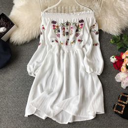 white floral mini dress Canada - Women Summer Mini Dress Beach Style Slash neck Lantern Sleeve Waist Floral Embroidery White Vestidos Black Frocks for Women 210625