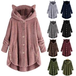 2020 Women's coat Winter Plus Velvet Sports Winter Cute Cats Ears Hooded Irregular Hem Buttons Jacket Fleece Coat Christmas gift X0629
