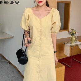 Korejpaa Women Dress Summer Korean Chic Elegant Style Commute Solid Color V Neck Single Breasted Midi Dresses Female 210526