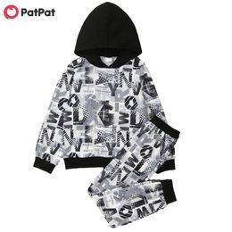Spring and Autumn Boys Slogan Graphic Hoodies Pants Set for Kids Clothes 210528