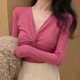 WOMENGAGA Spring Fashion Bow Big V-Neck Long Sleeve T-shirt Women's Bottom Tees Tops Red Pink Slim Summer Top Korean 1NT4 210603
